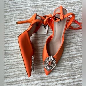 SOLD OUT NWT ZARA S/S 22 ORANGE SATIN JEWEL ANKLE LACE UP HEELS SPRING SIZE 36/6